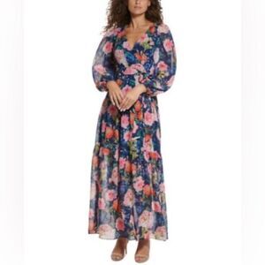 ELIZA J Blue Pink Floral Chiffon Long Sleeve Maxi Dress Tiered Size 2‎ New